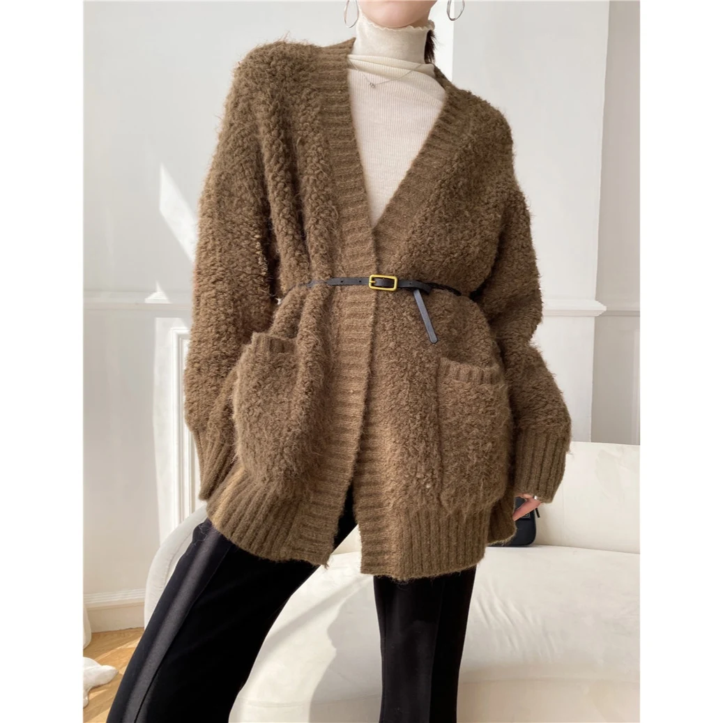 

[ZAYAU]Autumn and Winter Wool Blended Thickened Knitted Sweater Loose Coat women's Middle Length Lazy Style