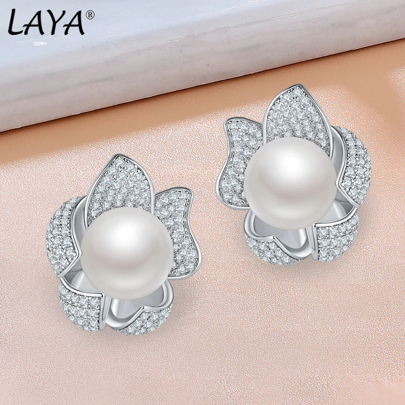 Laya Natural Pearl Earrings For Women Pure 925 Sterling Silver High Quality Clear Cube Zirconia Stud Earrings Luxury Jewelry