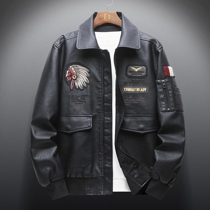 Indian Embroidered Leather Jacket for Male Korean Version of the Trendy Brand Air Force Pilot PU Motorcycle Quality Coat On Sale