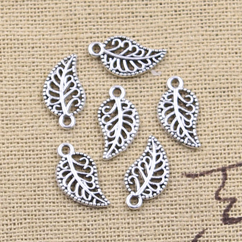 50pcs Charms Hollow Tree Leaf 14x7mm Antique Silver Color Pendants Making DIY Handmade Tibetan Finding Jewelry