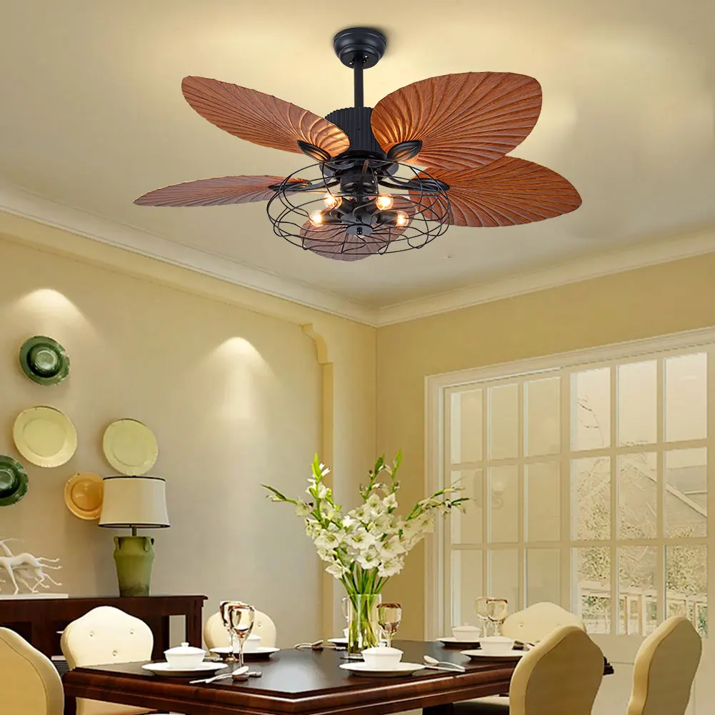 OUKANING 52Inch Ceiling Fan Lights 3 Speed Remote Premium Light Fixture 5 Lights 5 Palm Blades Tropical Ceiling Fans Decoration