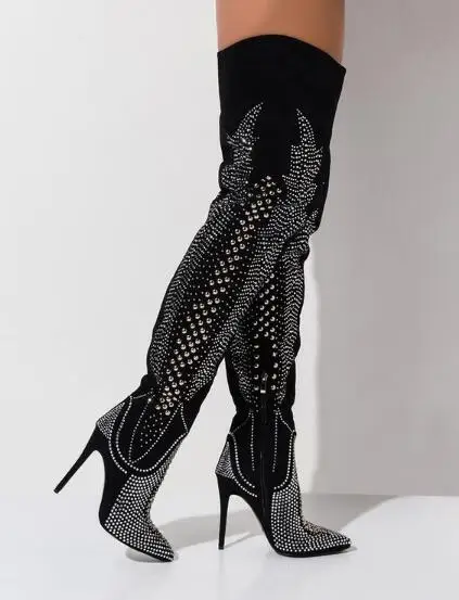

Big Size 44 New Woman Sexy Rivets Rhinestone Over The Knee Boots Pointed Toe 120 mm Stiletto Heels Night Club Long Boots