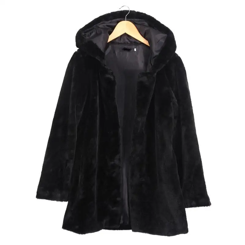 

Winter Women Hooded Faux Fur Coat Fashion Warm Long-sleeved Loose Black Coat Female Flocking Cotton Jacket Coat