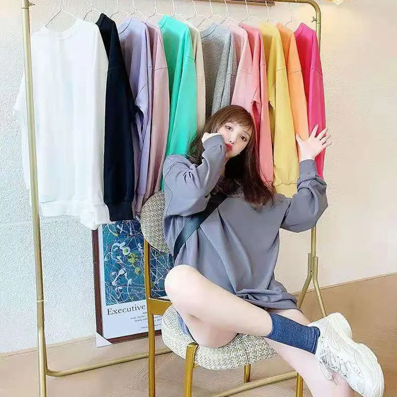 Women Sweet Candy Color Hoodies Autumn Long Sleeve Casual O-Neck Sweatshirts Teenager Girls Loose Pullovers Korean Tops