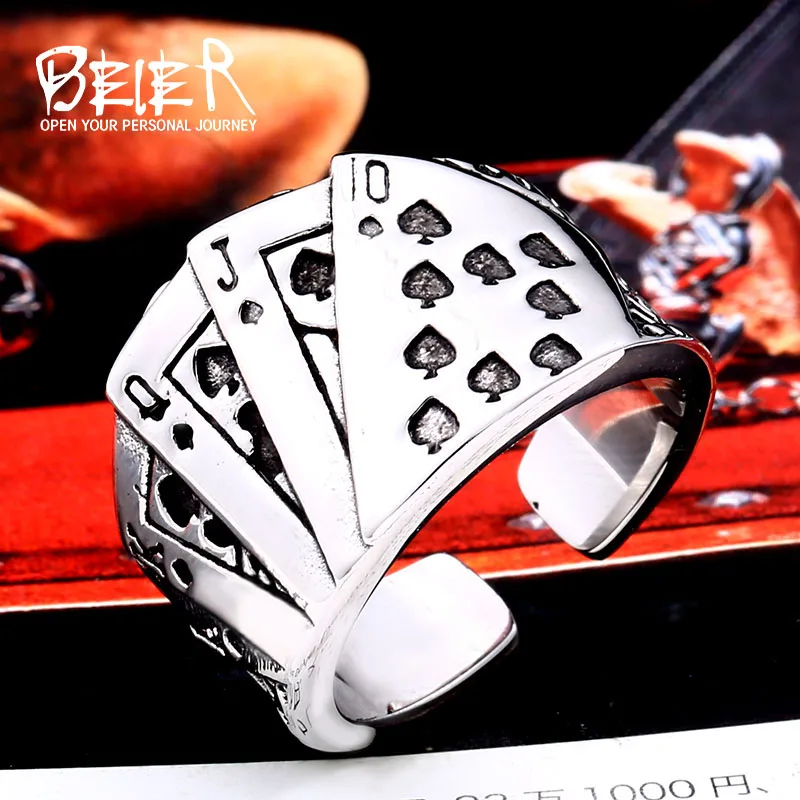 BEIER 316L stainless steel Fashion Playing Card Spades Flush Adjustable Men\'s Ring Rock High Quality Jewelry LLBR8-730R