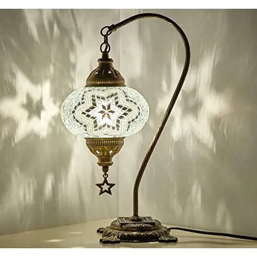 

LaModaHome 2019 English Moroccan Mosaic Table Bedside Night Tiffany Bedside Lamp for US Use, White