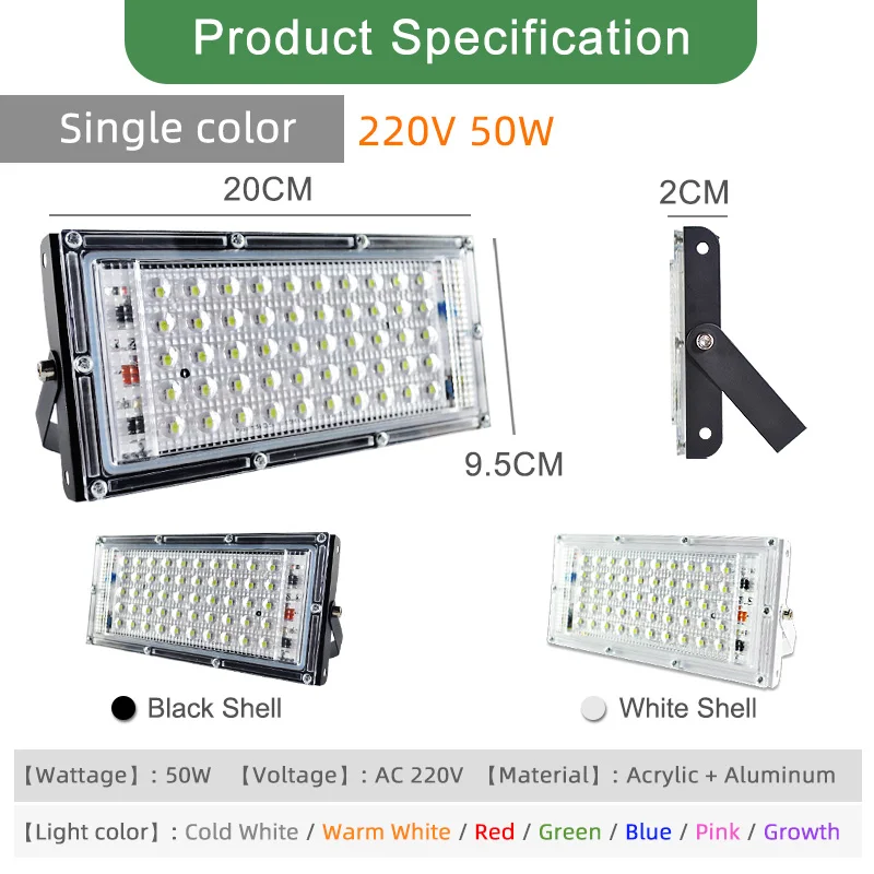 Impermeável LED Flood Light, holofotes ao ar livre, lâmpada de rua IP65, iluminação refletor de parede, 220V, 240V, 50W, 100W