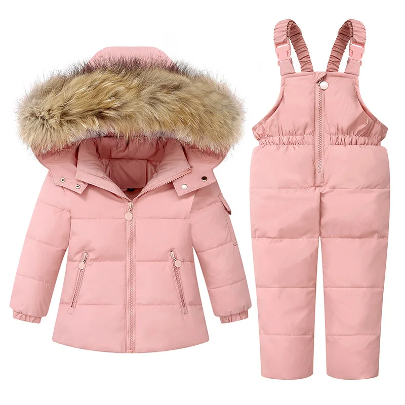 

2pcs Set Baby Girl Winter Down Jacket and Jumpsuit for Children Thicken Warm Fur Collar Jacket for Boys Infant Snowsuit 1-5Year