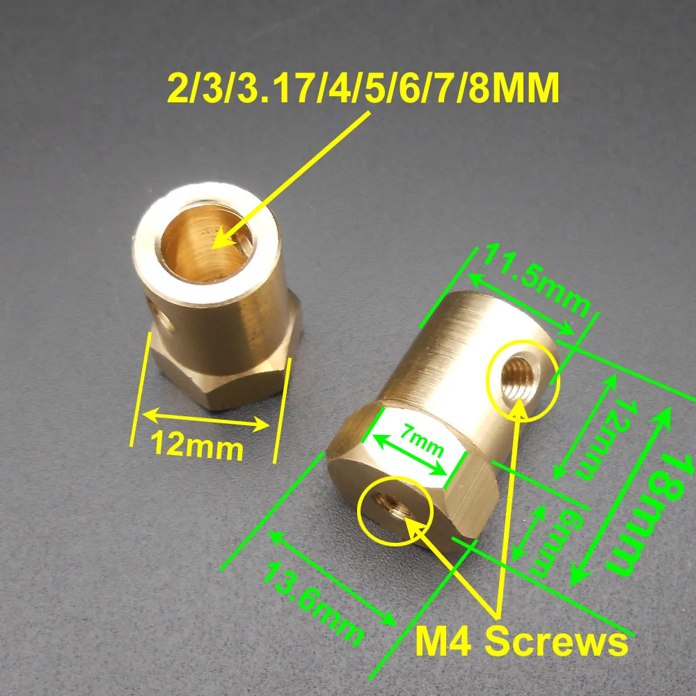 3Pcs X 12MM Hex Brass Shaft Motor Coupling Coupler 2MM 3MM 3.17MM 4MM 5MM 6MM 7MM 8MM L=18MM For Wheel Tyre DC Motor *FD895-902