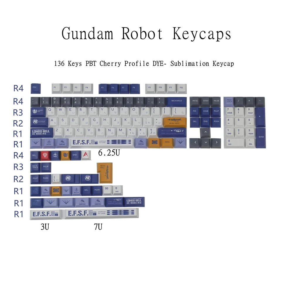 

136 Keys Robot PBT Keycap Cherry Profile 3U 6.25U 7U Spacebar 1.75U 2U Shift For GH60 GK61 64 104 108 Mechanical Keyboard