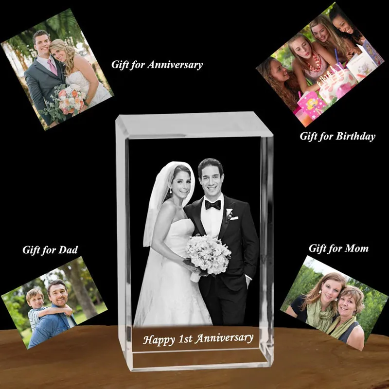 Personalized Custom 2D/3D Cube Crystal Photo Frame Laser Etched Engraving Gifts for Wedding Anniversary Birthday Friends