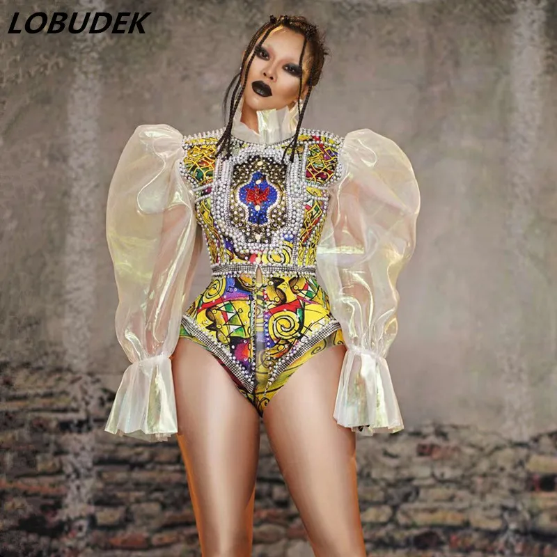 

Bar Stage Singer Dance Group Sexy Costume Vintage Printed Pearl Jacket Shorts Set Women Birthday Celebrate Prom Performance Wear