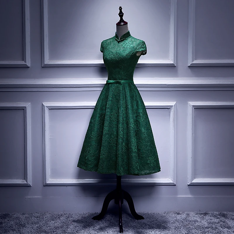 Elegant High Collar Prom Dress Short Sleeves R1243 Green Plus Size Zipper Prom Dresses A Line Tea Length Lace Women Party Gowns