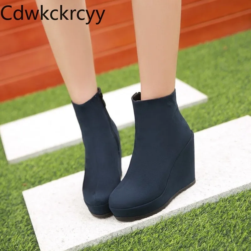 winter The New fashion Round head Wedge Women\'s boots black Red wine gray blue Plus velvet Keep warm High heel Women boots 34-39