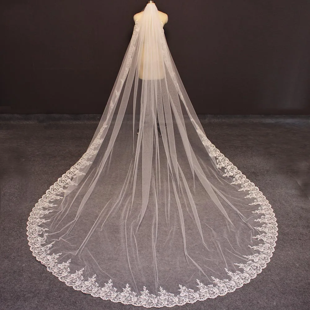 Voile de mariée Long en dentelle, blanc, ivoire, 3.5 mètres, avec peigne, une couche