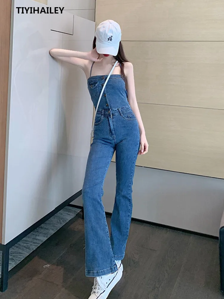 TIYIHAILEY Free Shipping  2020 Sexy Fashion Summer Denim Bib Pants High Waist Boot Cut Spaghetti Strap Jumpsuit For Women  S-XL