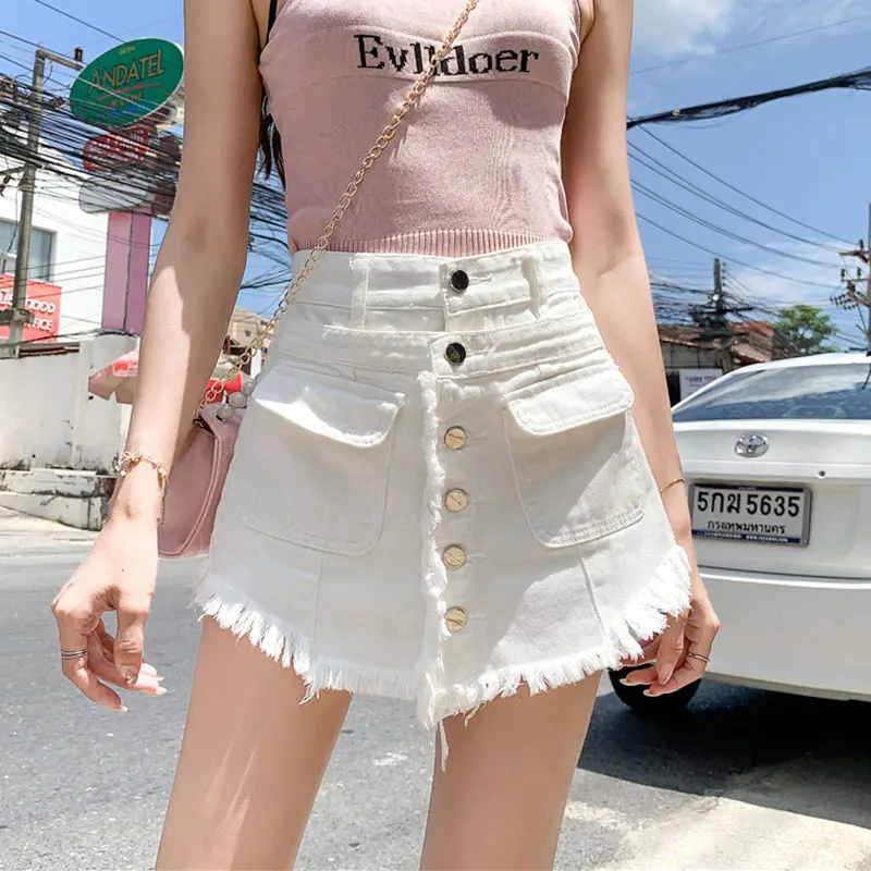 White Denim Shorts Skirts Women Single Breasted Pocket Loose High Waist Jeans Shorts Female Summer A-Line Wide leg Short Pants