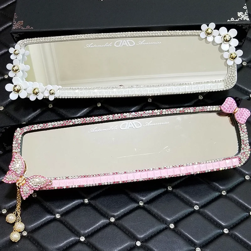 Kreskówka motyl Rhinestone samochód lusterko wewnętrzne dekoracyjne nakładki Bowknot kryształowy diament lusterko wsteczne Ornament akcesoria samochodowe