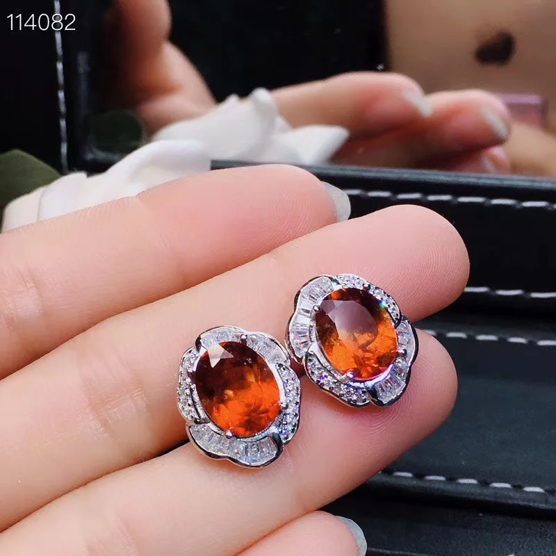 vivid orange Natural and Real Garnet earring  925 sterling silver earrings Big Stone