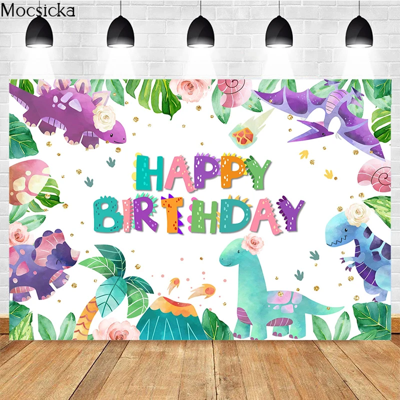 Mocsicka-Arrière-plan de Photographie Joyeux Anniversaire, Bannière de Décoration de Petit Dinosaure, Accessoires de Studio, Portrait d'Enfant