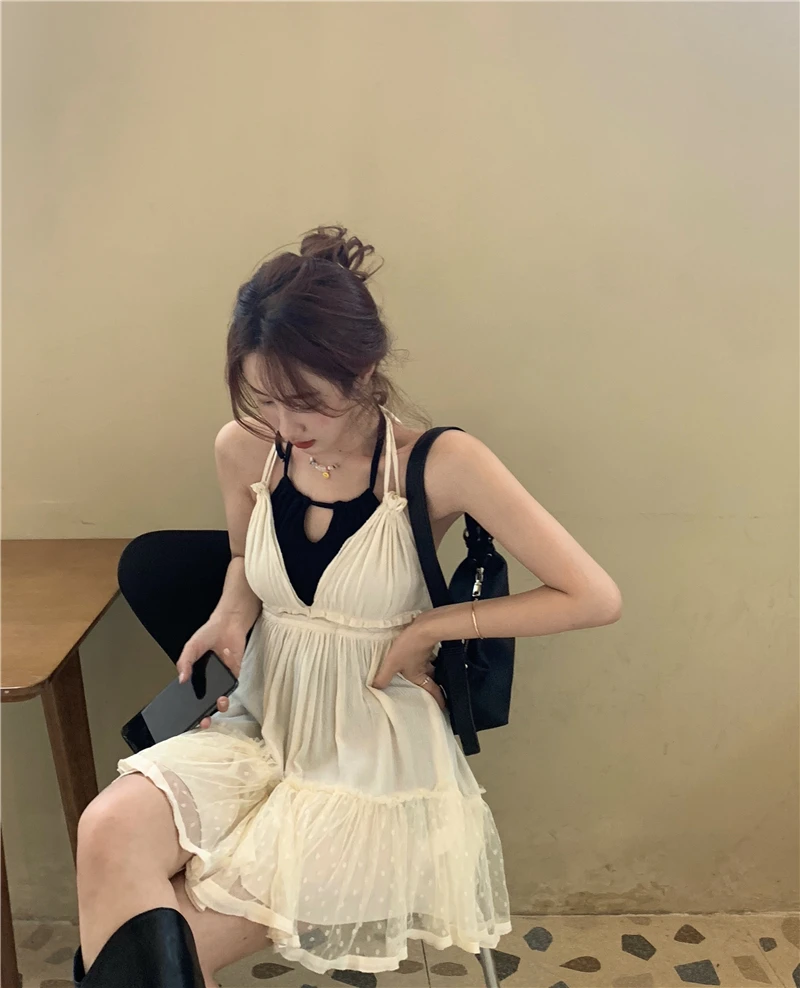 summer mini dress for Womens 2021 holiday style girls sweet loose lace up spaghetti strap dress womens (R98259)