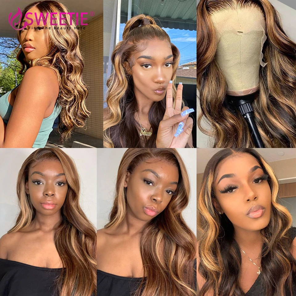 Sweetie Highlight Body Wave Wig P4/27 Colored Ombre Lace Front Human Hair Wig 180% Density Piano Color 13x6 Lace Frontal Wig image 5