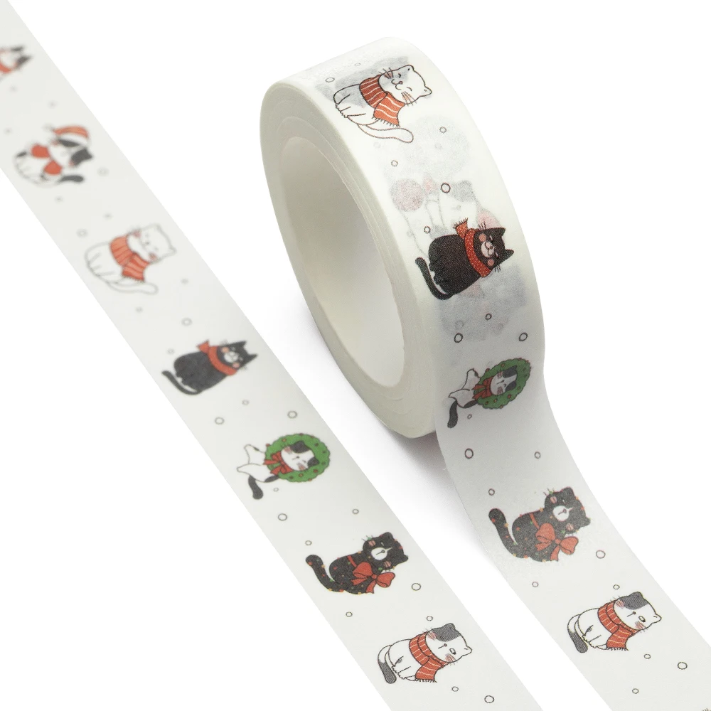 NEW 1PC 15mm x 10m Cute Cat Christmas New Year Doodle Cartoon Washi Tape Scrapbook Paper Masking Adhesive Washi Tape