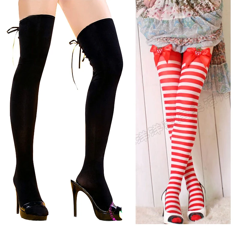 Girl Cosplay Punk Rock Cute Lolita Strawberry Striped Gothic Criss Cross Ties Opaque Hold UP Thigh High Top Stockings Tights