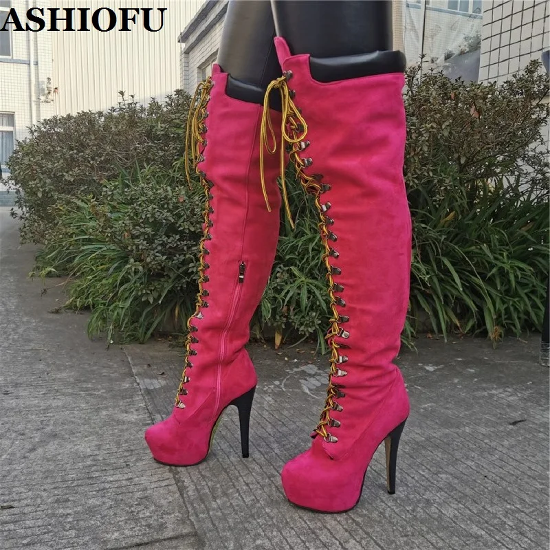 

ASHIOFU Handmade Ladies Thigh High Boots Cross-straps Sexy Party Prom Over Knee Boots Platforms Winter Evening Fashion Boots