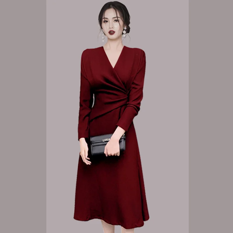 JSXDHK New Elegant Autumn Winter Sexy V Neck Dress Elegant High Quality Women Wine Red Long Sleeve Ladies Party Dresses Vestidos