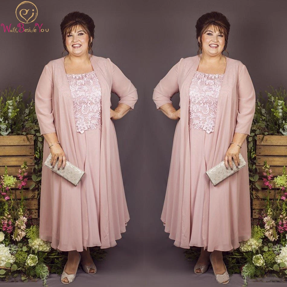 Plus Size Moeder Van De Bruid Jurken Met Jas Licht Roze Chiffon Moeder Jurken Voor Prom Party Lange Avond jassen 2 Stuks