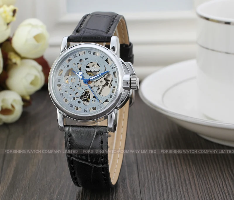 WINNER Fashion simple men's and women's watch hollow design silver dial leather strap automatic mechanical wrist watch