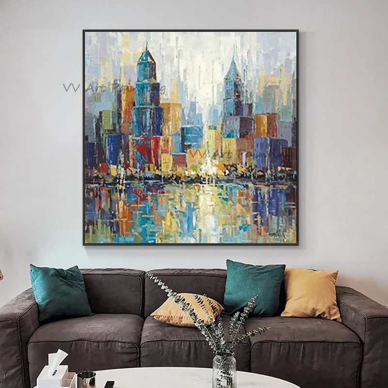Cityscape Art Hand Painted Acrylic Canvas Oil Paintings, Palette Knife Urban Reflection Painting, No Framed Sofa Wall Decoration
