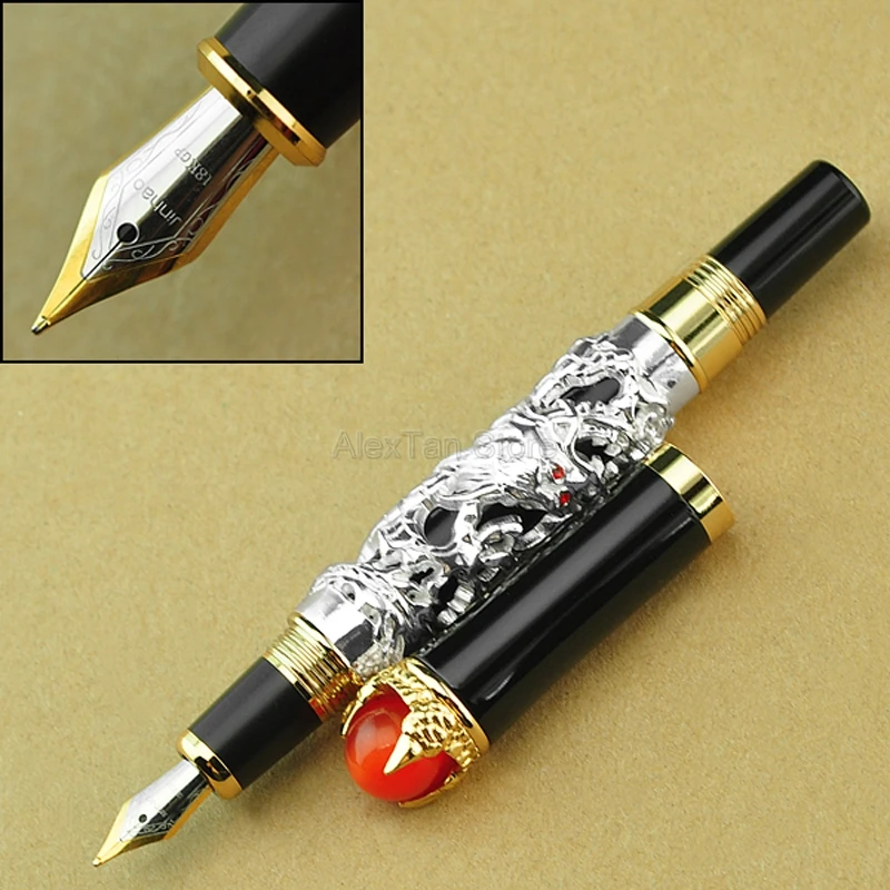 

Jinhao Brand New Dragon King 18KGP M Nib Fountain Pen , Metal Embossing Red Jewelry on Top, Silver Drawing Refillable Ink Pen