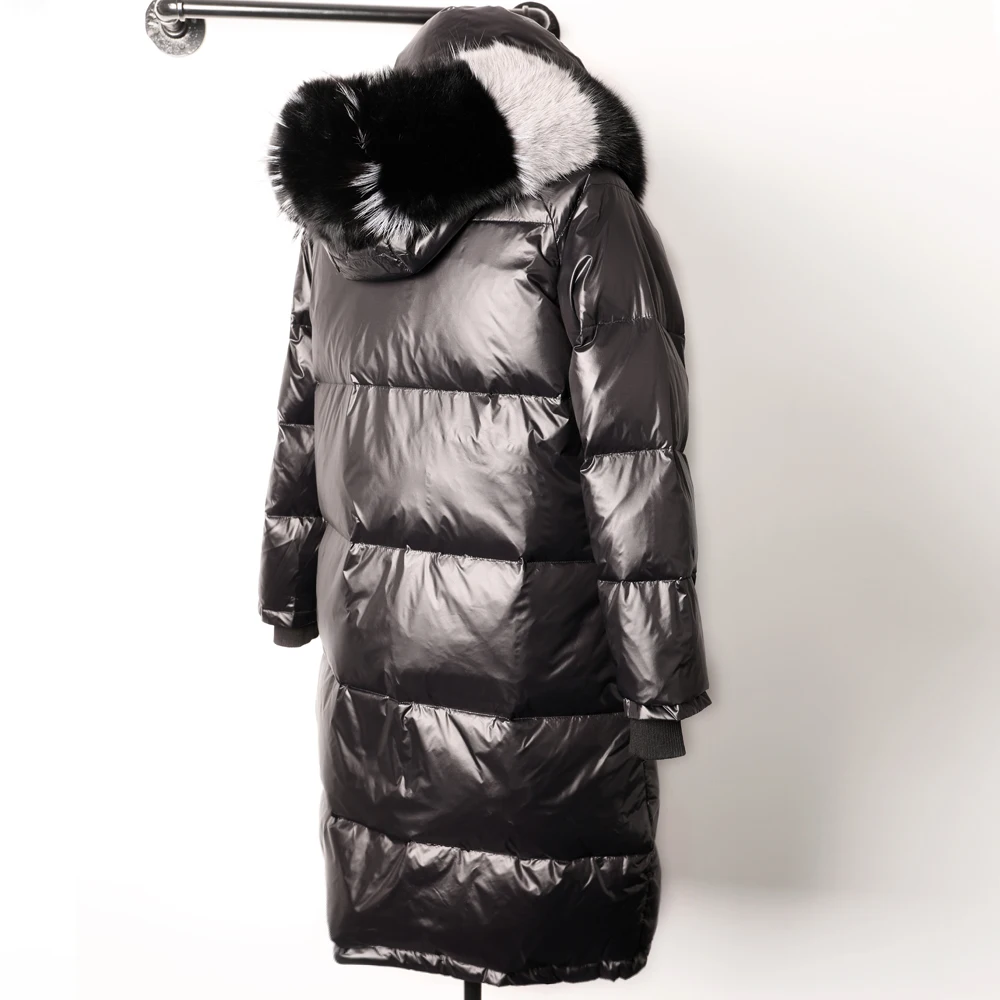 Winter vrouwen zwart donsjack echt vossenbont grote kraag jas vrouwen eend donsjack Warme lange donsjas Parka wasbeer kraag