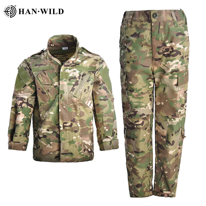 HAN WILD Combat Uniform 5Y-15Y Children Uniform Combat Kids Tactical Gear Hunting Hiking Clothes Climbing Jacket&Pants