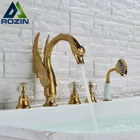 Crystal Knob Swan Golden Bathtub Faucet Deck Mounted 5 Holes Widespread Tub Mixer Tap with Handshower