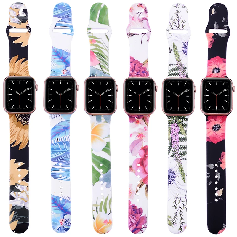 Bandas de flores para Apple Watch Series 6, 5, 4, 3, 2, 1 SE, 40mm, 44mm, correa de silicona con patrón impreso para IWatch Series 4, 3, 2, 38mm, 42mm