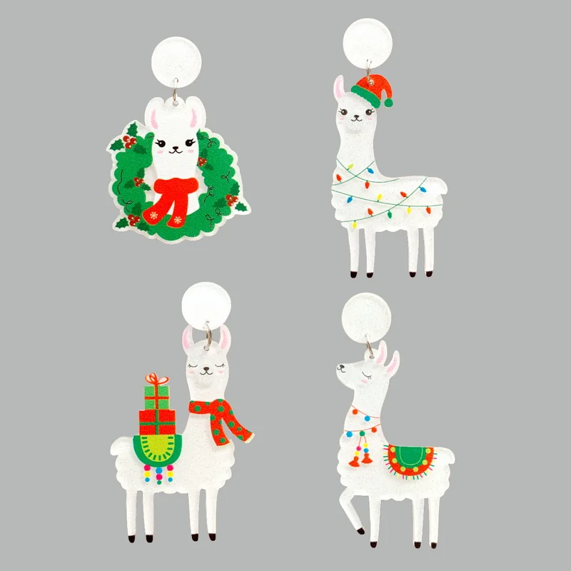 Cute Christmas Glitter White Alpaca Llama With Gifts Wreath Lightbulbs Acrylic Stud Earrings For Women Lovely Holiday Jewelry