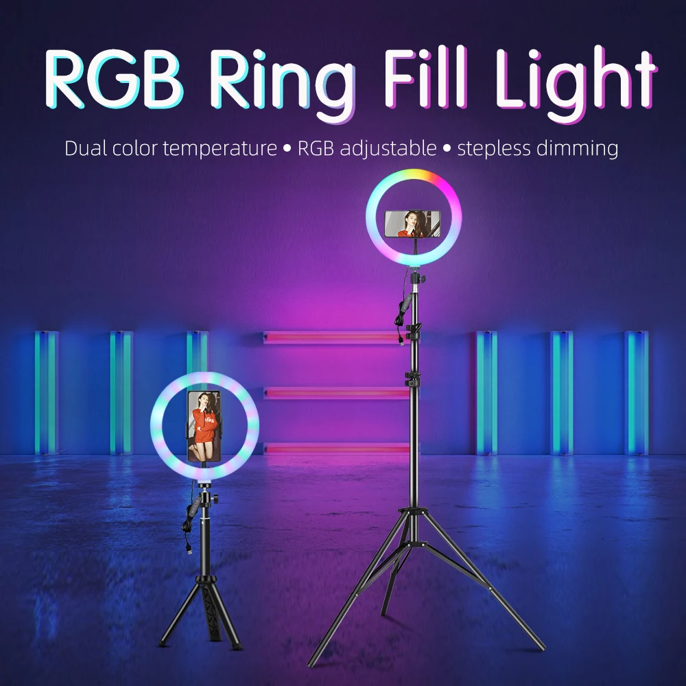 RGB Selfie Ring Light with tripod 6/8/10/13inch ringlight led lights lamp aro de luz para hacer for photo studio
