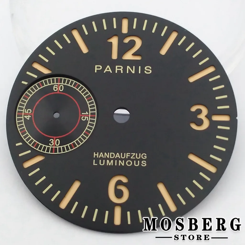 36mm Black Parnis Sterile Green Luminous Watch Dial Watches Accessories For Eta6497 Sea Gull St3600 Series Movement