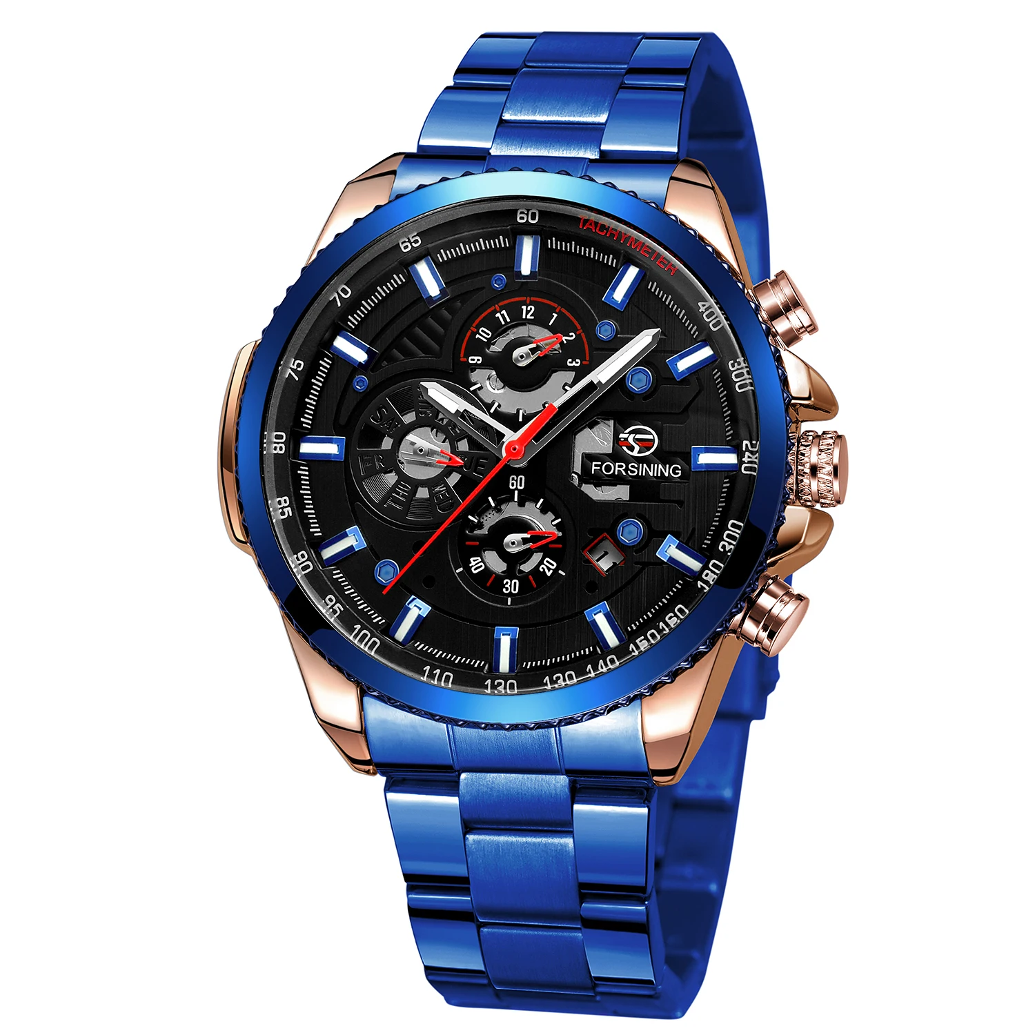 FORSINNG Men's Hollow out Automatic Watch luminous Week Calendar Watch Circular steel strap Wrist watch