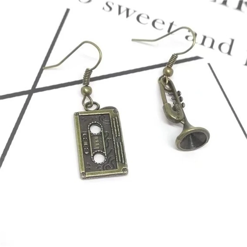 Bronze Color Audio Cassette and Small Speakers Earrings, Creative Vintage Music Earrings, Vintage Dangle Earrings