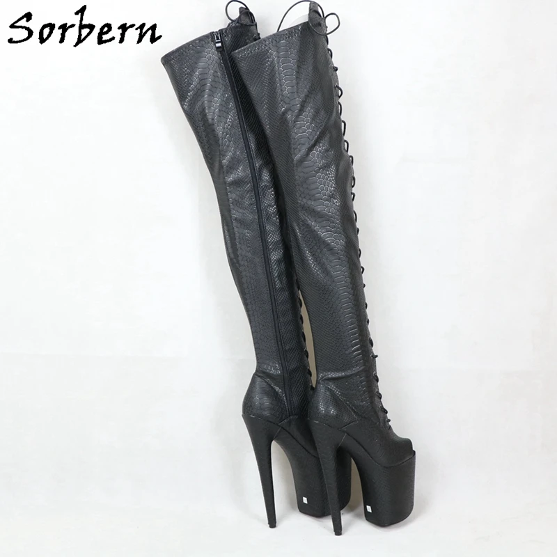 Sorber Black Snake Mid coscia stivali alti donna Custom Slim Fit Peep Toe Platform stivale lungo per Crossdresser Stripper Heels