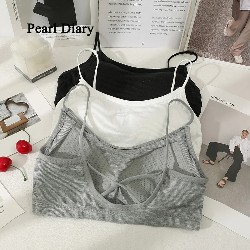 Pearl Diary Spring Summer Chest Gathered Fixed Cup Corset Top The Back Of The Cross Condole Belt Solid Color Top Women