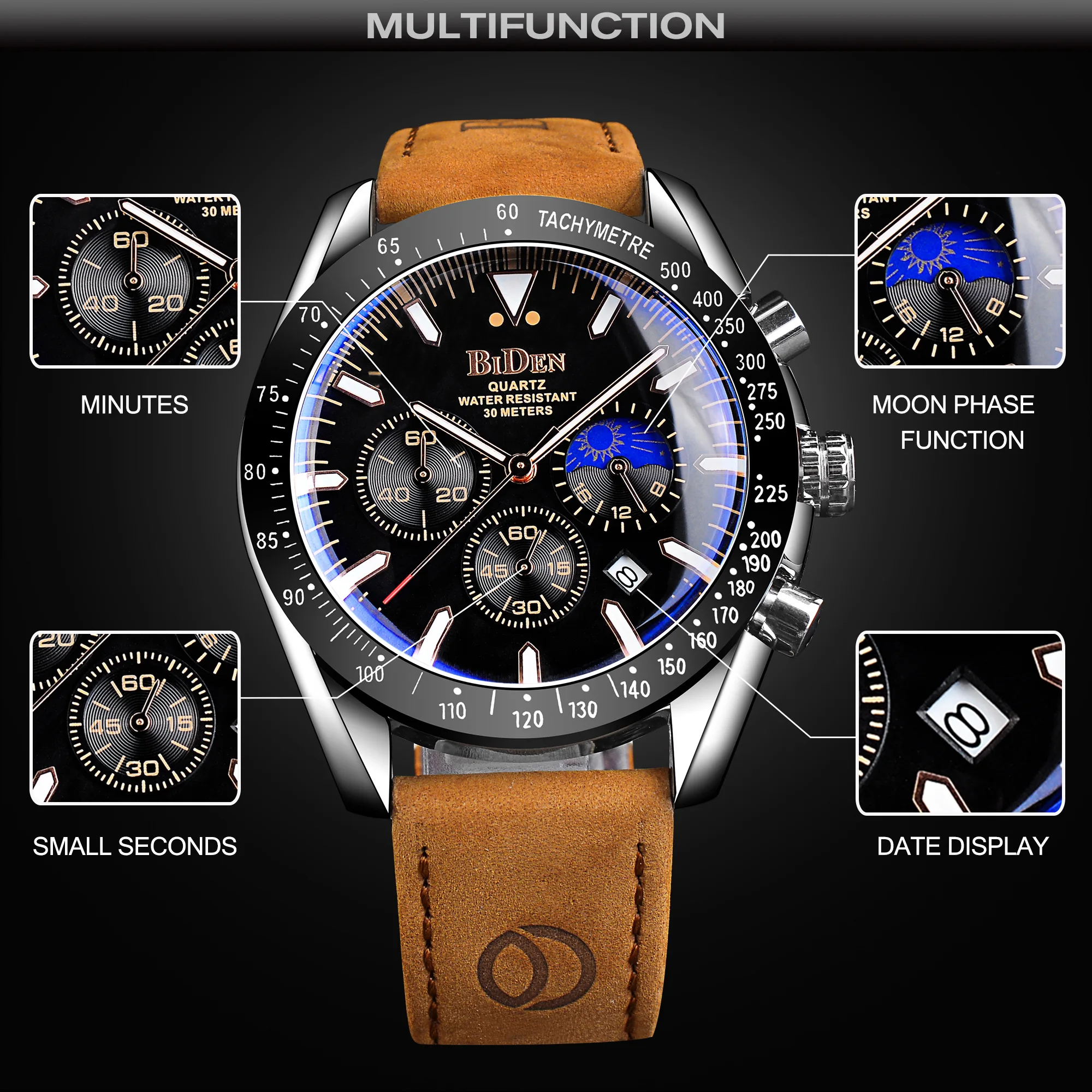 Biden Waterdichte Automatische Quartz Horloge Mannen Sport Stijl Militaire Horloges Man Lichtgevende Pointers Horloges Lederen