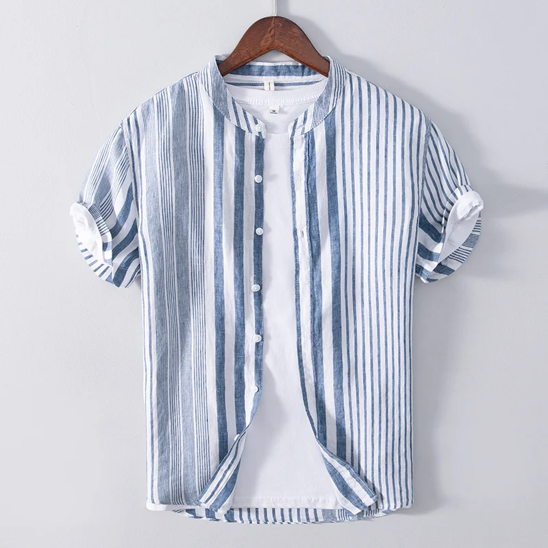 Summer new style Suehaiwe\'s brand Italy pure linen shirt men stand collar striped shirts for men tops mens clothing chemise