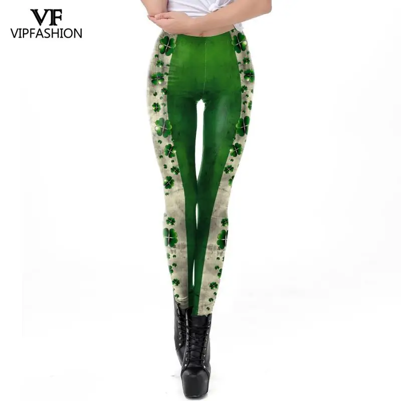 VIP FASHION New Cosplay St. Patrick\'s Day 3D Clover Printed Leggings Women Fake Lace Skinny Pants Sexy Female leggings