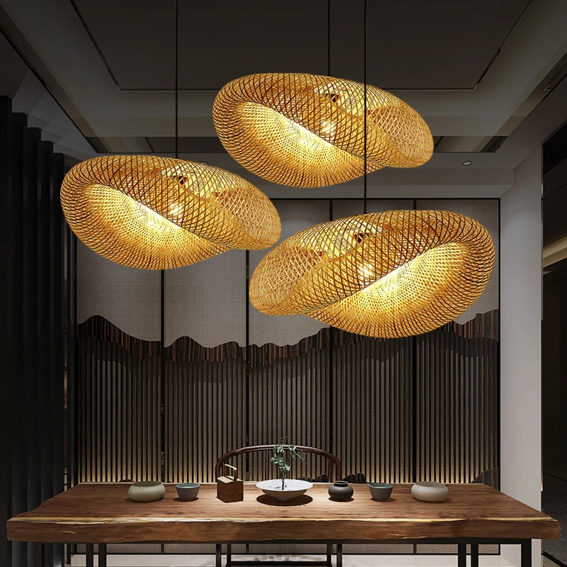 Handmade Bamboo Pendant Light Vintage Wicker Rattan Wave Shade LED Chandelier for Dining Room Bedroom Indoor Lamp