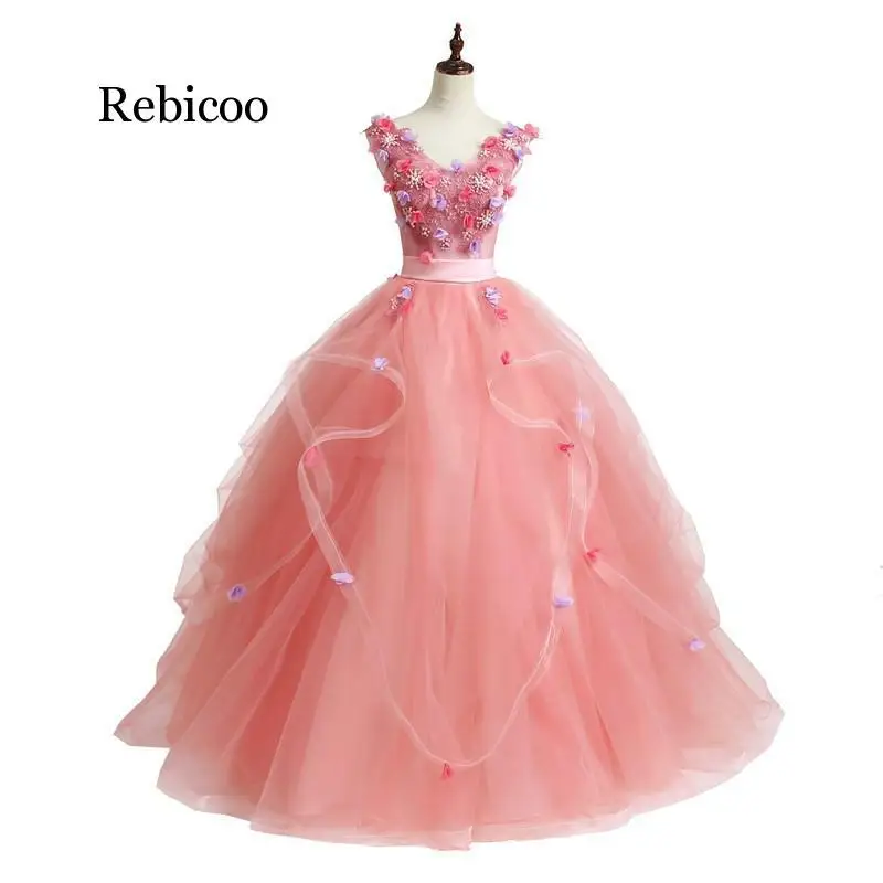 

Cheap Ball Gowns Sweet dress Long Pink Quinceanera Dresses Off Shoulder 3D Flowers For Quinceanera Years Vestidos